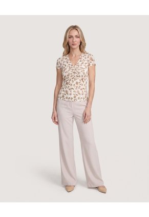 Camiseta Mesh Floral Fruncida  Para Mujer Crema Ostu