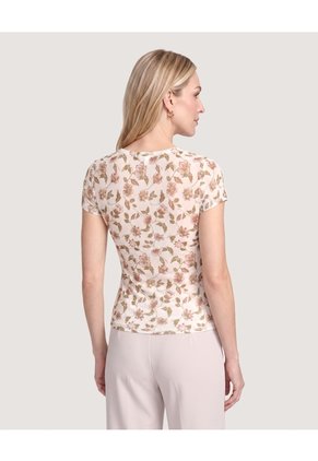 Camiseta Mesh Floral Fruncida  Para Mujer Crema Ostu