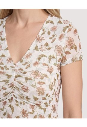 Camiseta Mesh Floral Fruncida  Para Mujer Crema Ostu