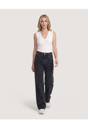 Jean Straight Brillos Urban Para Mujer Negro Ostu