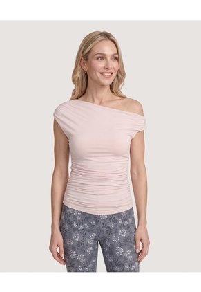 Camiseta Escote Asimétrico Drapeado Para Mujer Beige Ostu