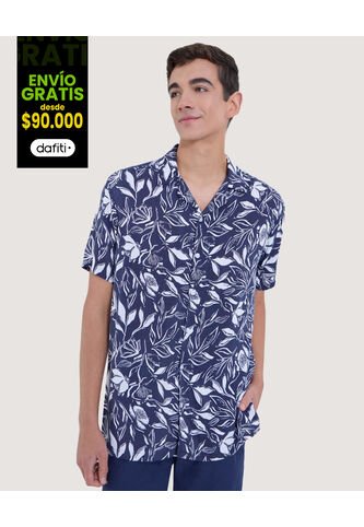 Camisa Para Hombre Manga Corta Sin Bolsillo Cuello Resort Color Azul Oscuro Marca Ostu #60010787 Ostu