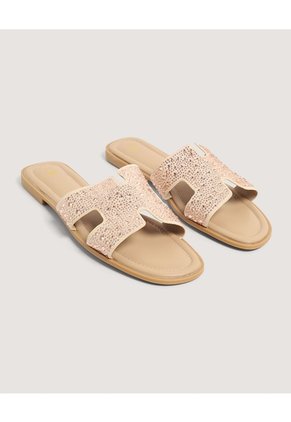 Sandalias Brillos Glam  Para Mujer Beige Ostu