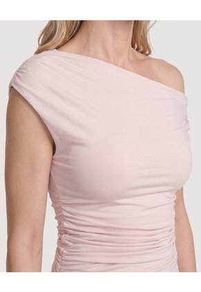 Camiseta Escote Asimétrico Drapeado Para Mujer Beige Ostu