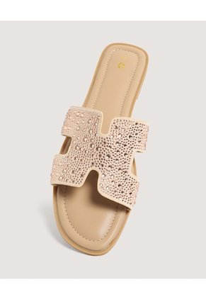 Sandalias Brillos Glam  Para Mujer Beige Ostu