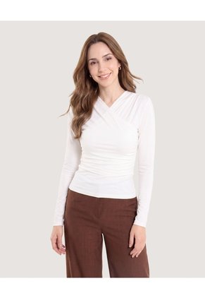 Camiseta Escote Drapeado Para Mujer Crema Ostu