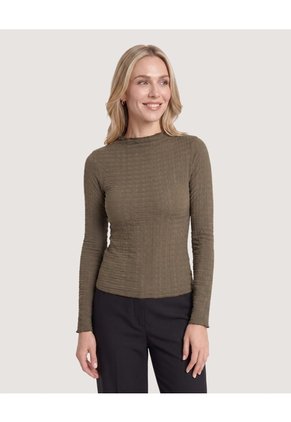 Camiseta Cuello Alto Texturizada Para Mujer Verde Ostu