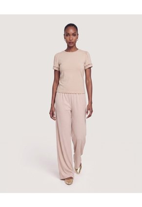 Pantalón Ancho Con Pretina Elástica Para Mujer Beige Ostu