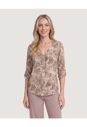 Blusa Cuello V Para Mujer Beige Ostu