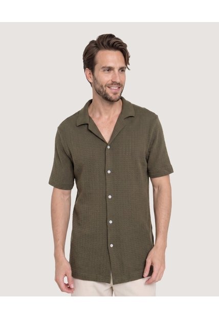 Camisa Resort Tejida Texturizada  Para Hombre Café Ostu