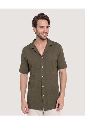 Camisa Resort Tejida Texturizada Para Hombre Café Ostu