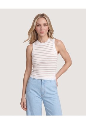 Camiseta Tejida Rayas Sin Mangas Para Mujer Café Ostu