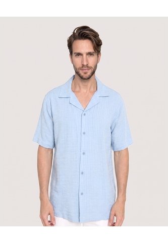 Camisa Resort Textura Natural  Para Hombre Azul Ostu Ostu