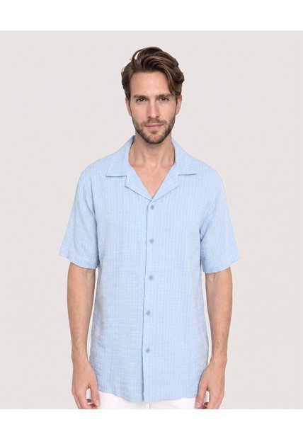 Camisa Resort Textura Natural  Para Hombre Azul Ostu