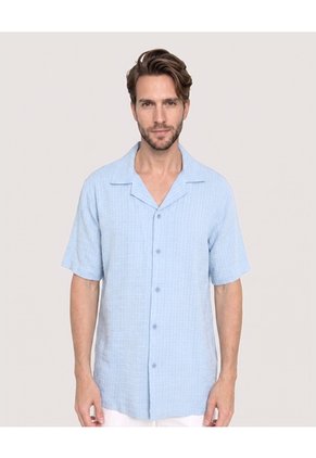 Camisa Resort Textura Natural Para Hombre Azul Ostu