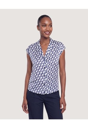 Blusa Estampada Cuello Solapa Para Mujer Azul Ostu