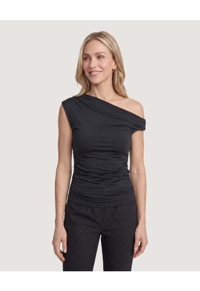 Camiseta Escote Asimétrico Drapeado Para Mujer Negro Ostu