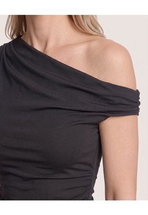 Camiseta Escote Asimétrico Drapeado Para Mujer Negro Ostu