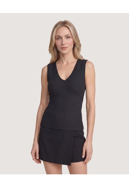 Camiseta Tejida Escote V Texturizada  Para Mujer Negro Ostu