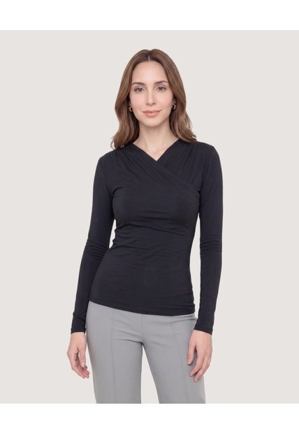 Camiseta Escote Drapeado  Para Mujer Negro Ostu