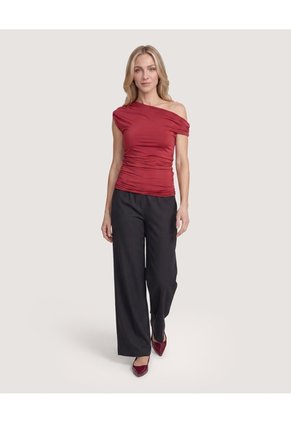 Camiseta Escote Asimétrico Drapeado  Para Mujer Vino Ostu
