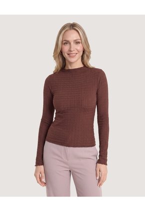 Camiseta Cuello Alto Texturizada Para Mujer Café Ostu