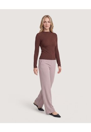 Camiseta Cuello Alto Texturizada Para Mujer Café Ostu