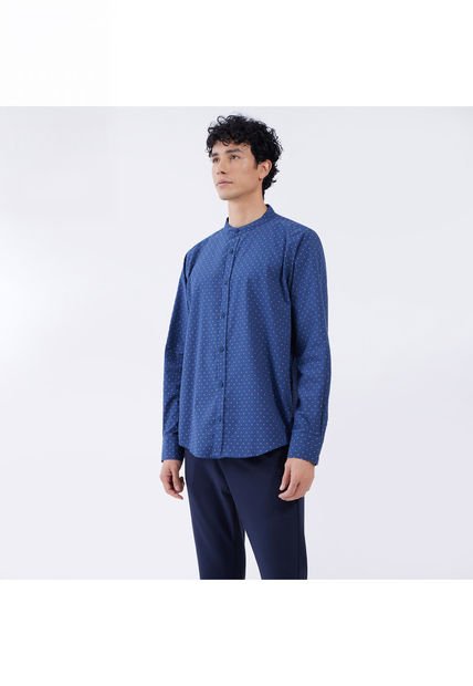 Camisa Para Hombre Manga Larga Sin Bolsillo Cuello Neru Color Azul  Marca Ostu #60010592