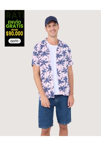 Camisa Para Hombre Manga Corta Sin Bolsillo Cuello Resort Color Rosaclaro Marca Ostu #60010785 Ostu