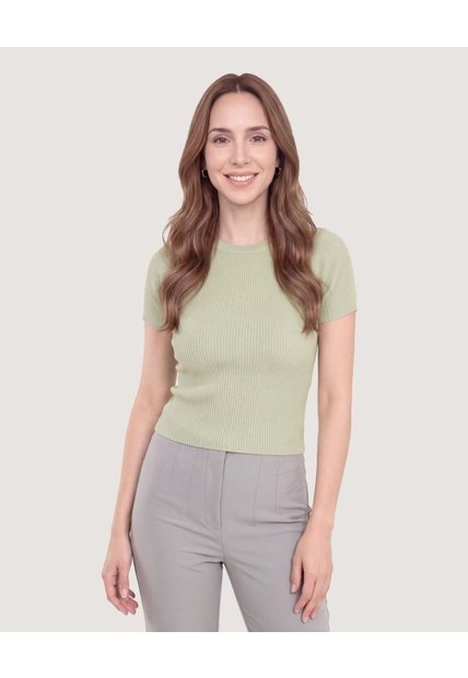 Camiseta Tejida Acanalada Básica  Para Mujer Verde Ostu