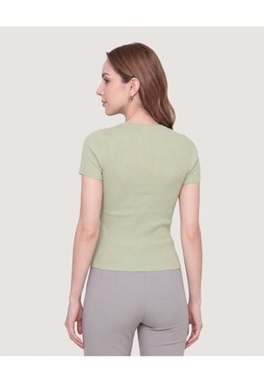 Camiseta Tejida Acanalada Básica Para Mujer Verde Ostu