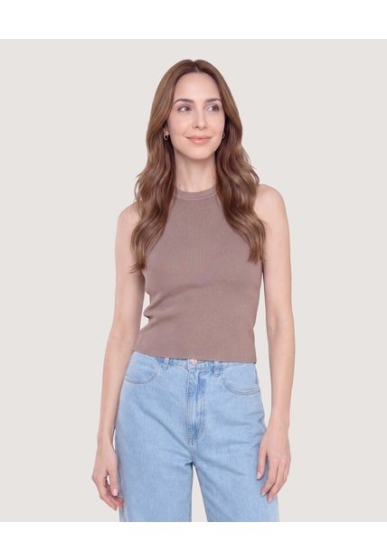 Camiseta Tejida Sin Mangas  Para Mujer Café Ostu