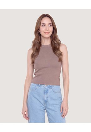 Camiseta Tejida Sin Mangas Para Mujer Café Ostu