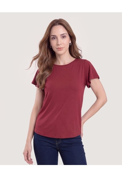 Camiseta Manga Corta Con Vuelos  Para Mujer Vino Ostu