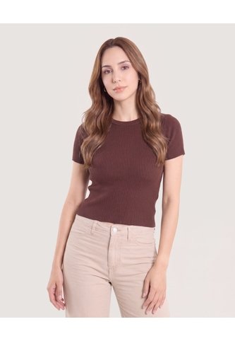 Camiseta Tejida Acanalada Básica  Para Mujer Café Ostu Ostu