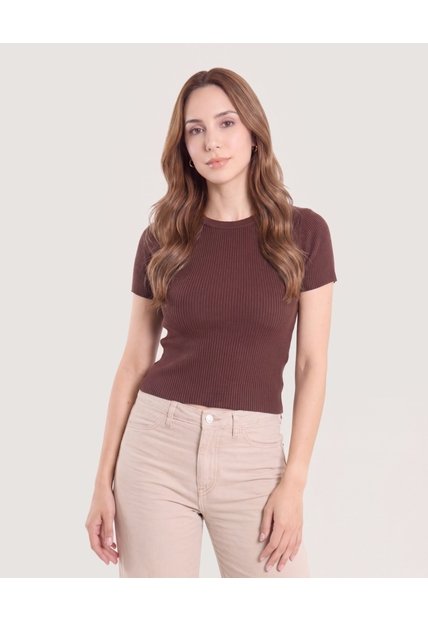 Camiseta Tejida Acanalada Básica  Para Mujer Café Ostu