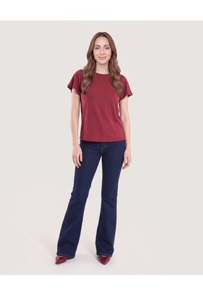 Camiseta Manga Corta Con Vuelos  Para Mujer Vino Ostu