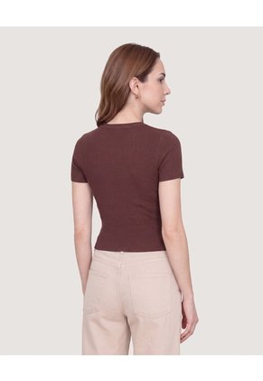 Camiseta Tejida Acanalada Básica  Para Mujer Café Ostu
