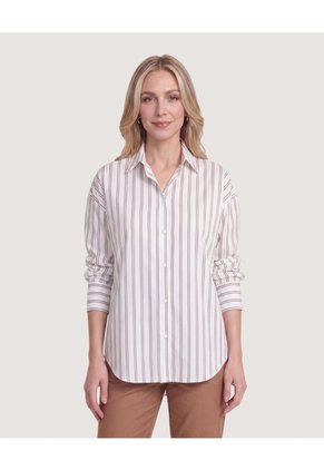 Camisa Manga Larga A Rayas Para Mujer Café Ostu