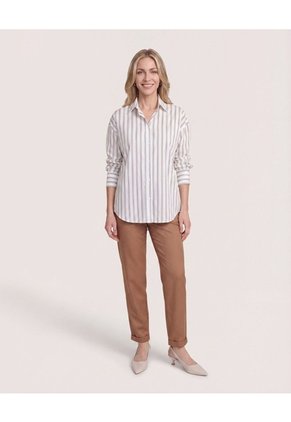 Camisa Manga Larga A Rayas Para Mujer Café Ostu