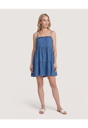 Vestido Denim De Tiras Con Volantes Para Mujer Azul Ostu