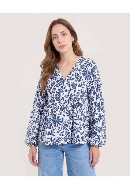 Blusa Estampada Boho Relax  Para Mujer Azul Ostu