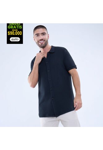 Camisa Para Hombre Manga Corta Sin Bolsillo Cuello Resort Color Negro Marca Ostu #60010782 Ostu