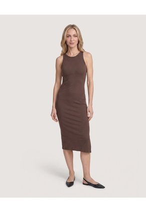 Vestido Midi Ajustado Manga Sisa  Para Mujer Café Ostu