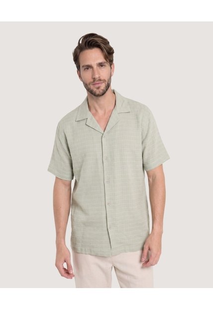Camisa Resort Textura Natural  Para Hombre Verde Ostu