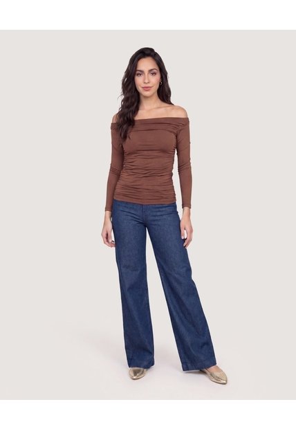 Camiseta Mesh Off Shoulder  Para Mujer Café Ostu