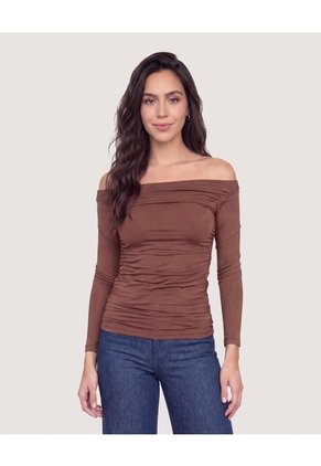 Camiseta Mesh Off Shoulder Para Mujer Café Ostu