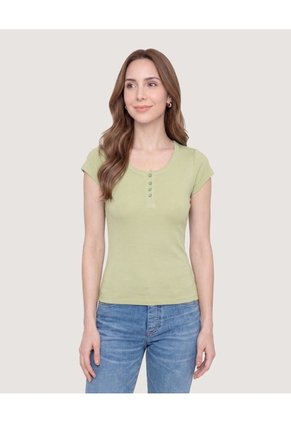 Camiseta Básica Con Botones Para Mujer Verde Ostu