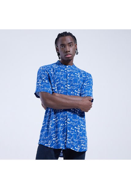 Camisa Para Hombre Manga Corta Sin Bolsillo Cuello Neru Color Azul  Marca Ostu #60010555