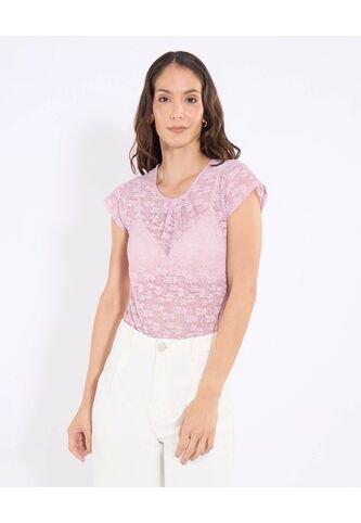Camiseta Manga Casquillo En Encaje  Para Mujer Rosa Ostu Ostu